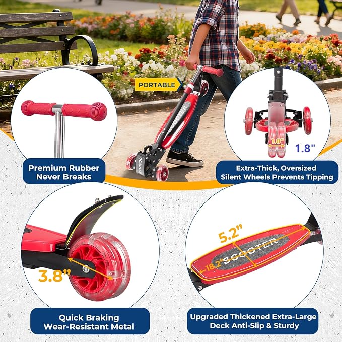 3 Wheel Scooter for Kids Ages 3-12, LED Light-Up Kids Kick Scooter–Portable Foldable, Adjustable Height, Durable Metal Construction, 6" Extra Wide Deck for Outdoor Activities,Child Safety Certified