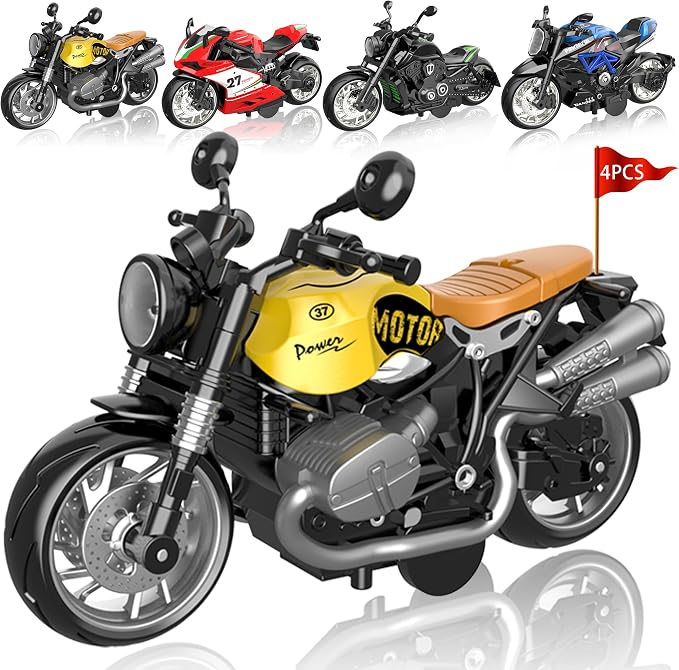 MQDMINI 4-Pack Pull-Back Motorcycle Toys - Friction Powered Kids Toy Cars, Gifts for Boys & Girls Aged 3-12