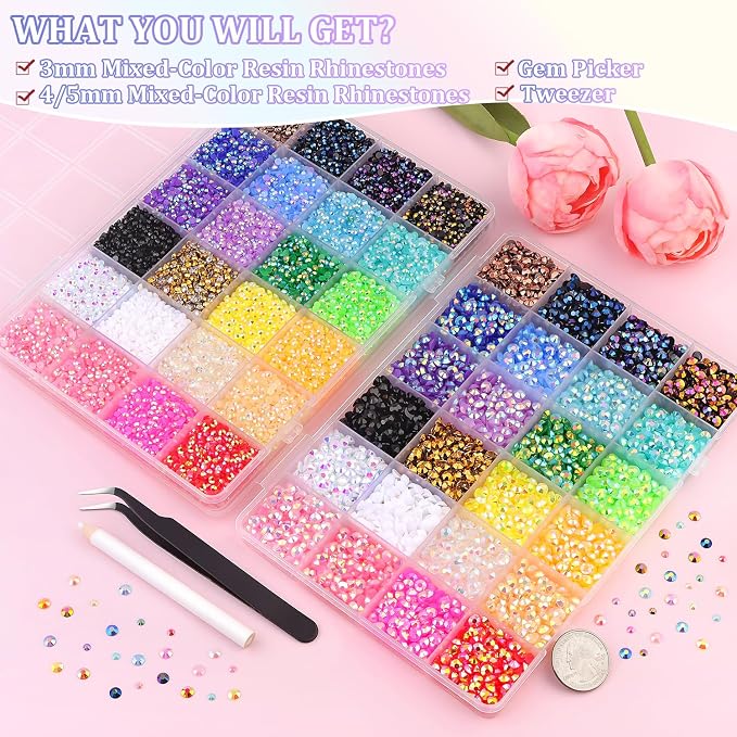 2 Boxes Jelly Rhinestones for Bedazzling, 40000Pcs 3/4/5mm Multicolor Flatback Resin Gems for Crafting, Bedazzler Kit with Tweezer for DIY Crafts Tumblers Shoes Fabric Decor Nail Art