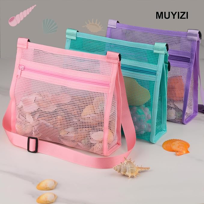 MUYIZI Mesh Beach Bag for Shells Collecting 3 Pack,Shell Bags for Beach, Sea Shell Bags for Picking Up Shells, Beach Shell Bag for Kids Sand Toys Swimming Accessories for Boys and Girls