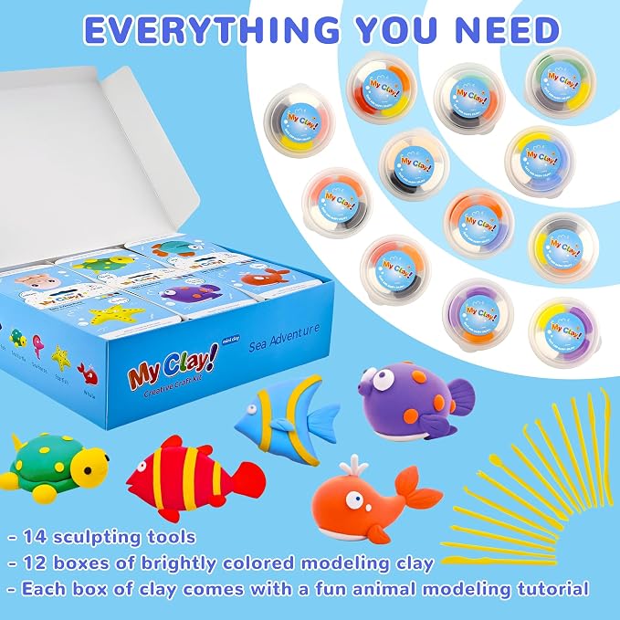 Air Dry Clay for Kids,12 Box Sea Animal Modeling Clay Art Craft Kit,Ultra Soft & Mess-Free, with Sculpting Tools, Tutorials, Ideal Gift for Boys Girls Birthday Christmas Party Favor