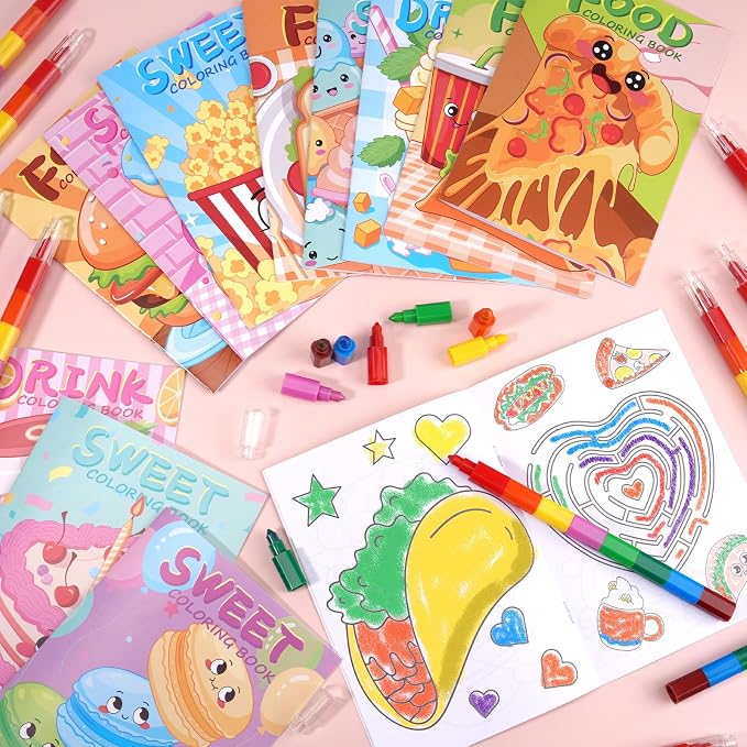 BenLouis 24 Pcs Fast Food Mini Coloring Books Kids Snacks Donut Pizza Party Favors Small Activity Books Bulk for Kids Delicious Fast Food Party Goodie Bags Stuffers Return Gifts Classroom Travel