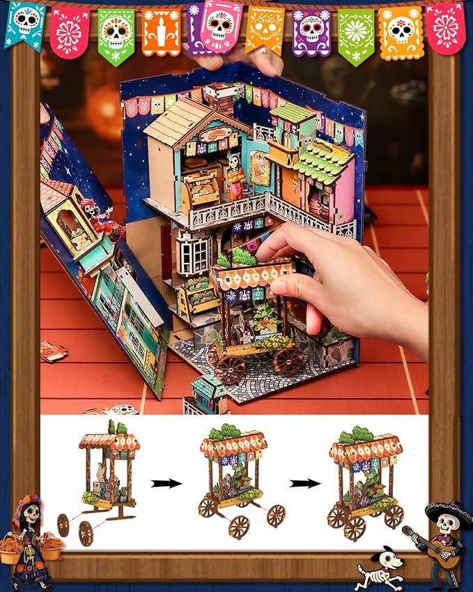CUTEBEE Book Nook Kit - Mexican Fiesta DIY Miniature Dollhouse, Vibrant LED Bookshelf Decor Alley Model for Adults Teens, Gifts for Family and Friends（Plaza de Los Muertos）