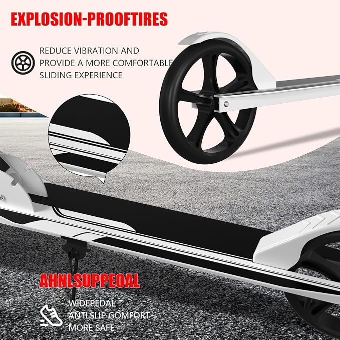 Non-Electric Scooters for Kids 8-12, Teens & Adults - Foldable Commuter Scooter with 8" Wheels, Bell, Hand Brake & Adjustable Height 30"-40.5", 220LB Capacity, Manual Push Scooter for Campus & Park
