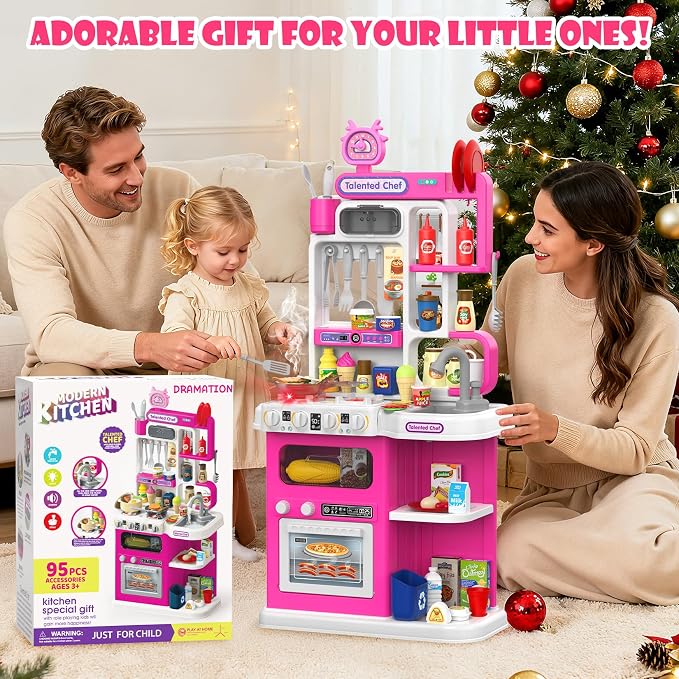 Kids Kitchen Playset, 36.22'' Play Kitchen for Toddlers 3-5 with Steam, Sound & Light, Cooking Stove, Play Sink, Oven and Toy Kitchen Accessories, Kitchen Set for Toddlers Girls 3 4 5 (Pink)