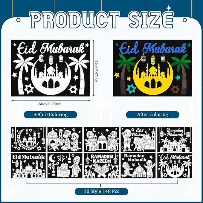 Cinrobiye 48 Pcs Ramadan Coloring Posters Eid Mubarak Velvet Fuzzy Coloring Pages Bulk Islamic Craft Activity Classroom School Party Supplies