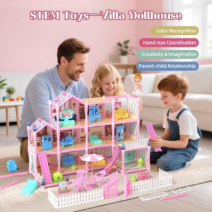 Doll House for Girls with Lights, 3 Dolls, 4 Floors -13 Rooms, 7 Sets of Furniture and Accessories, Design and Build Gift for 3 4 5 6 7 8+ Year Old Girls