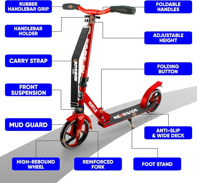 Compact Kick Scooter for Teens - Folding Stand Kick Scooters w/Adjustable Height, Alloy Anti-Slip Deck, 8” Wheels, Mud Guard Front Wheel, for Kids, Boys/Girls 8+-Year-Old - Hurtle HURTSBU (Red)