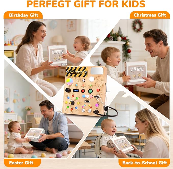 Busy Board for Toddlers 1-3 - Montessori Toys for 1 2 3 Year Old, Wooden Toy Sensory Activity Board with 12 Activities & 22 Lights, Educational Travel Toys for 1+ Year Old Boy & Girl Birthday Gift