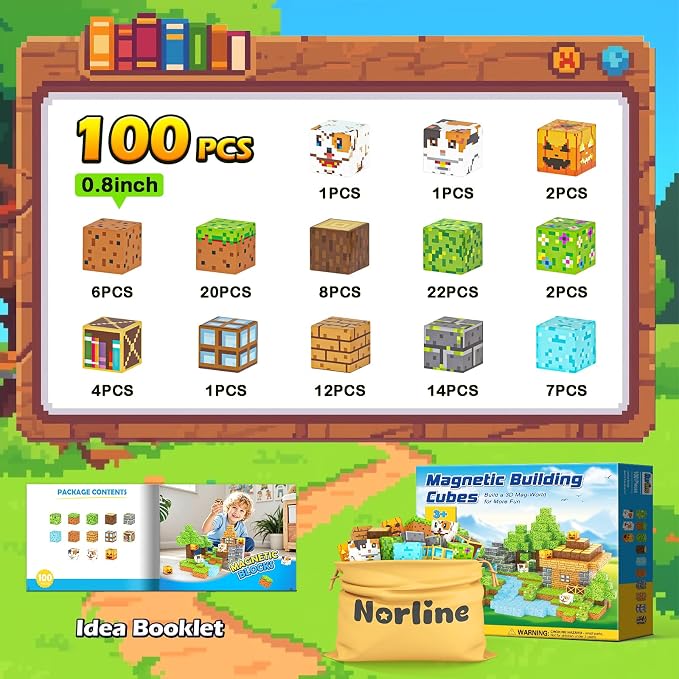 Norline Magnetic Blocks - 100PCS Build Mine Magworld Forest Cottage Set, Kids Building Toys for Boys Girls Age 3-5 4-8 5-7, Construction Craft Sensory Toys Birthday Gifts for 3+ Years Old