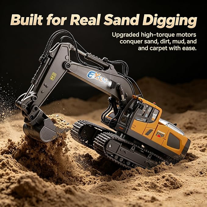 3-in-1 Remote Control Excavator Toy for Boys, Best Birthday Gifts for Kids 3-5 4-7 6-8 9 10 12 Years Old, 11-Ch RC Construction Vehicle with Alloy Shovel, Drill & Grapple, Digger Sandbox Toys
