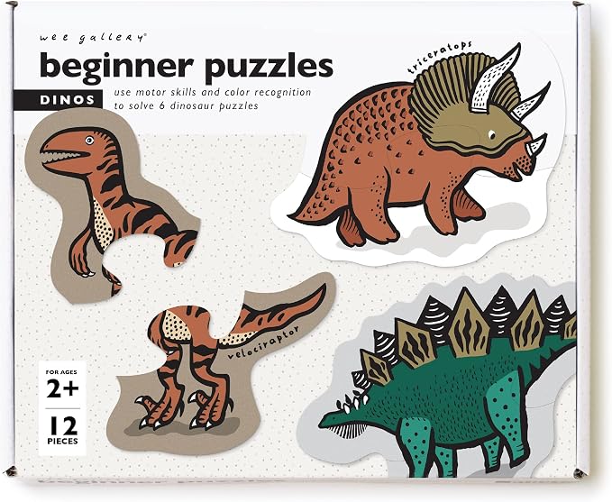 Wee Gallery Dinos Beginner Puzzle - Jigsaw Puzzles for Toddlers - Sensory Toys Promoting Cognitive & Motor Development - Sustainable Learning Toys for Toddler, Kids (12 Pieces, 6 Puzzles)