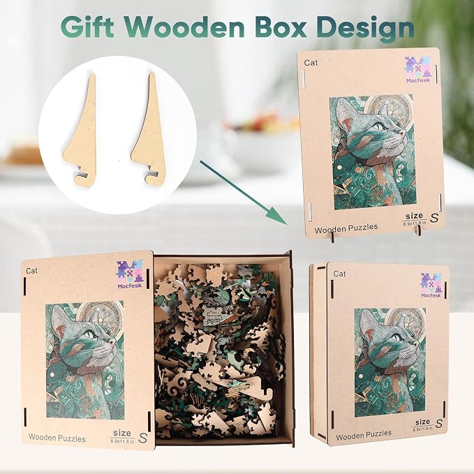 Mocfesk Wooden Puzzles for Adults, Cat Puzzles 208 Pieces, Unique Shaped Animal Jigsaw Puzzles for Adults and Kids, Birthday Gifts Fun Family Game 8.9 x 11.8in