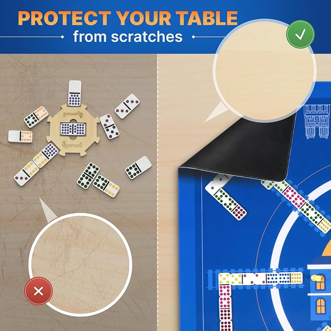Queensell Mexican Train Dominoes Play Mat, 32" x 32" Non-Slip Gaming Surface, Mexican Train Accessories with Storage Bag, Printed Train Station Playfield, Easy to Clean & Roll Up