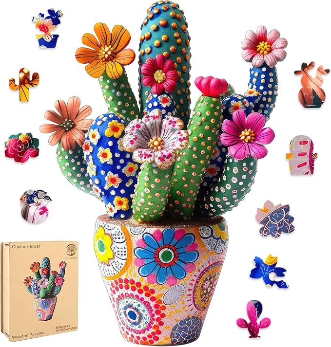 Mys Aurora Puzzles for Adults Cactus Flower Wooden Puzzles, 500 Pieces Unique Shaped Jigsaw Puzzles, Birthday for Family Adults, Fun Challenge Game 16.7'' x 23.4''