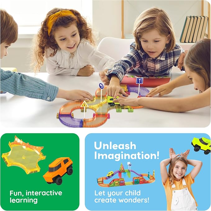 PicassoTiles 60pc Magnetic Tile Race Car Track Set STEM Construction Road Kit Building Blocks for Kids Toddlers Age 3 Plus Educational Travel Toy Sensory Preschool Learning for Boys and Girls PTMR60