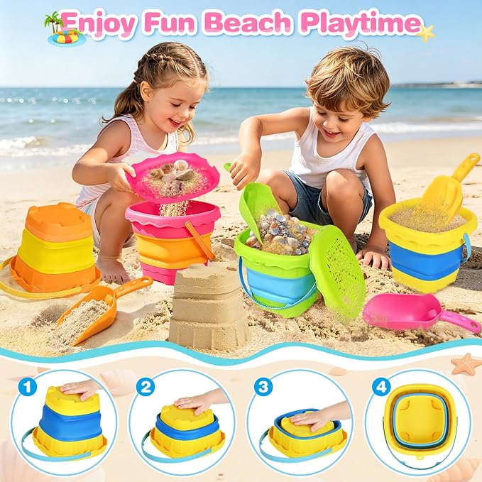 SpringFlower Beach Toys for Kids,Sand Toys for Toddlers with Collapsible Beach Buckets & Shovels Set,Travel Sandbox Toys for Toddlers Gifts Boys Girls Summer Outdoor Toys