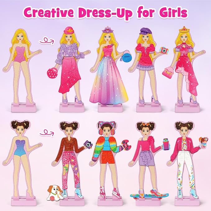 Mocoosy Wooden Magnetic Dress Up Dolls for Kids, Pretend Play Magnet Toys with Storage Case, Travel Game Airplane Car Road Trip Toy On The Go Activity Set Birthday Gift for Girls 3 4 5 6 7 8 Year Old