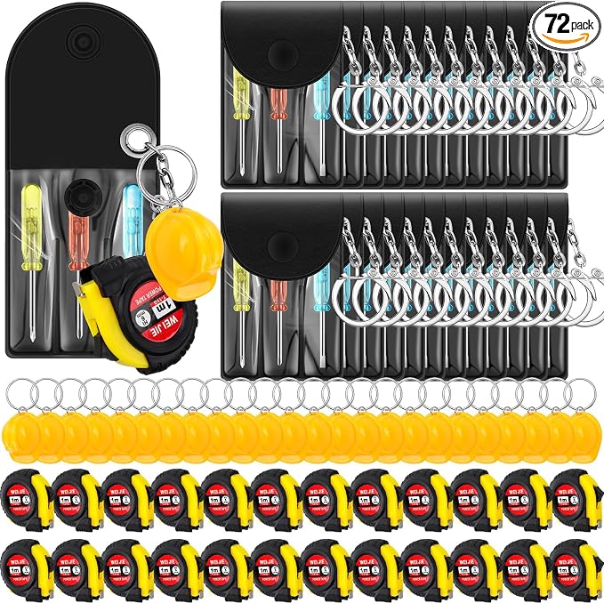 Jutom 72 Pcs Mini Tape Measure Screwdriver Construction Helmet Keychains Bulk for Men Party Favors Tool Birthday Party Gifts