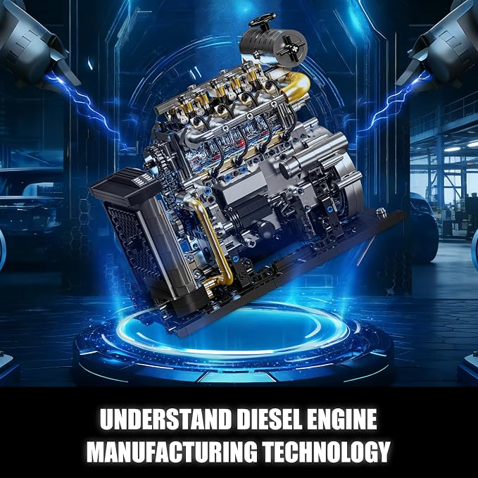 Diesel Engine Model Kit that Runs for Adults, MOC Mini Inline 4-Cylinder Diesel Engine Building Set with Motor, Compatible with Lego, Mechanical Engineering STEM Toy for Teens (1029 PCS)