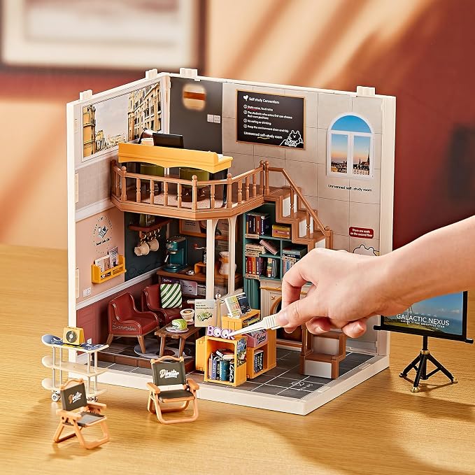 DIY Miniature Book Nook House Kit for Kids 8+ - Library Bookstore Study Room with Coffee Room, Bookshelves, Rooftop Terrace Relax Area, Tiny Play Set Building Craft for Children