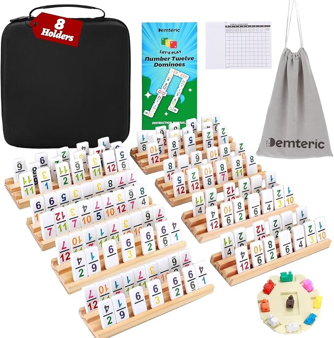 Mexican Train Dominoes Set Double 12 Number Domino Tiles, 91 Colorful Number Dominos Tiles with 8 Wooden Racks, Hub & Trains, Portable Domino Game Set for Adults Kids Families