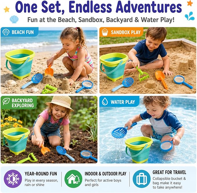 47pc Collapsible Beach Toys for Toddlers Kids ，Educational Sand Toys with Letter & Number Molds, Collapsible Bucket, Magnifying Glass, Mesh Bag -Travel Sandbox Toys for Boys Girls Age 3-10