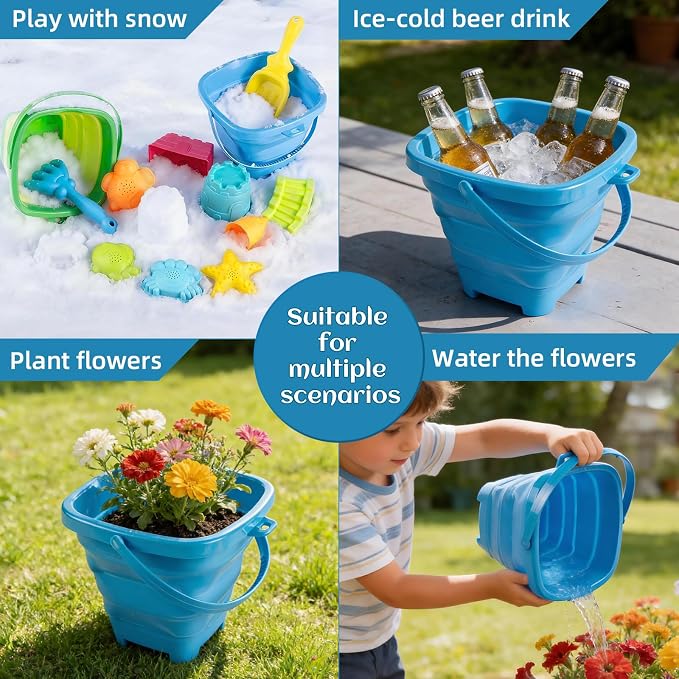 Collapsible Beach Toys for Toddlers Kids – 2 Foldable Sand Buckets Shovel Rake, 8 Sand Molds & Castle Building Kit, Mesh Bag – 13-Piece Travel Sandbox Toy Set Ages 3-12