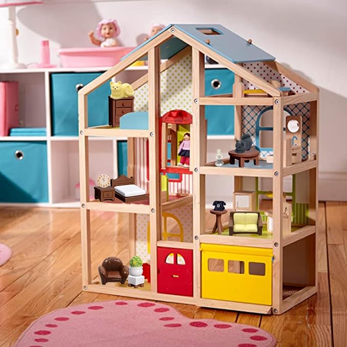 23pcs Brown Dollhouse Mini Furniture Kit Decoration DIY Accessories Including Dining Room Sitting Living Bedroom Set Toys for Baby Boys Children Girls Dollhouse Accessories