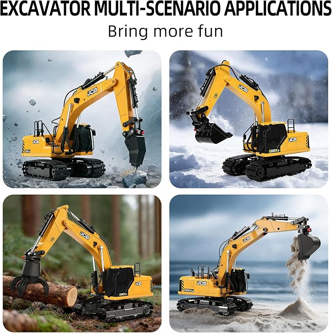 BRRRRT 3-in-1 Remote Control Excavator,14IN RC Excavator with Drill Bit, Grab Bucket & Digging Hook, JCB Official Licensed14-Channel Construction Vehicles with Lights & Sounds for Kids Ages 3+