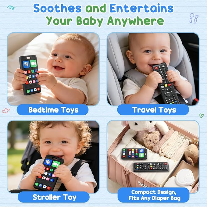 2 Pack Baby Teething Toys for 3-6 6-18 Months, Silicone Phone & TV Remote Control Shape Teether Toys, Teething Relief Sensory Chew Toys, Baby Shower Gifts for Infant Boys Girls 6-12 Months
