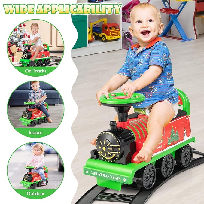 OLAKIDS Kids Ride On Train with Track, 6V Electric Toy with Lights and Sounds, Retractable Footrest, Under Seat Storage, Christmas Theme Battery Powered for Toddlers Boys Girls (1 Seater, Christmas)