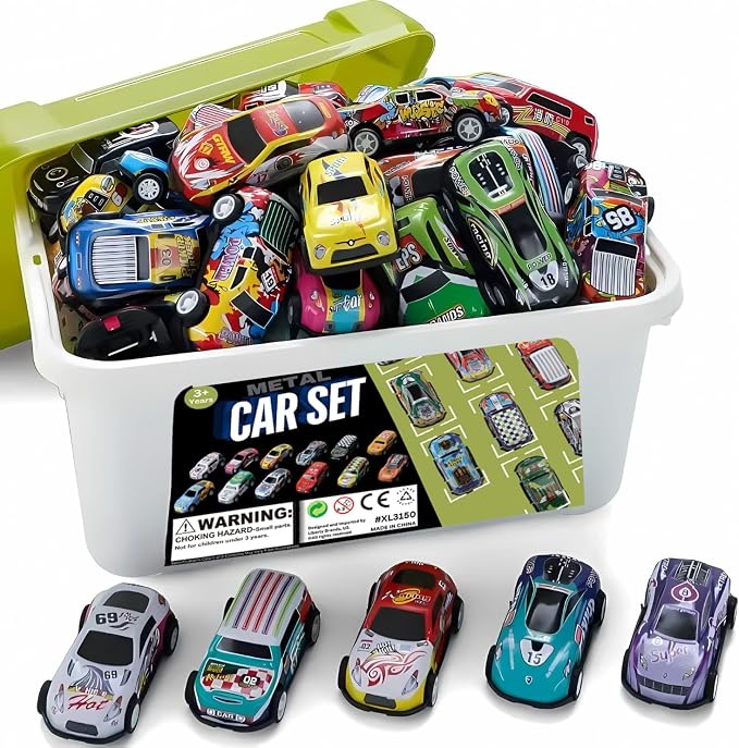 Liberty Imports 50-Pack Pull Back Cars for Kids, 1:64 Scale Mini Car Toys Bulk Metal Race Vehicles in Storage Bucket - Party Favors Goodie Bag Stuffers Classroom Prizes for Boys Girls Toddlers