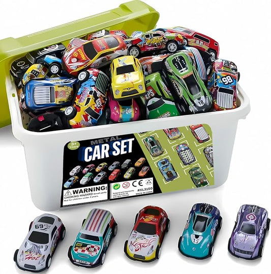 Liberty Imports 50-Pack Pull Back Cars for Kids, 1:64 Scale Mini Car Toys Bulk Metal Race Vehicles in Storage Bucket - Party Favors Goodie Bag Stuffers Classroom Prizes for Boys Girls Toddlers
