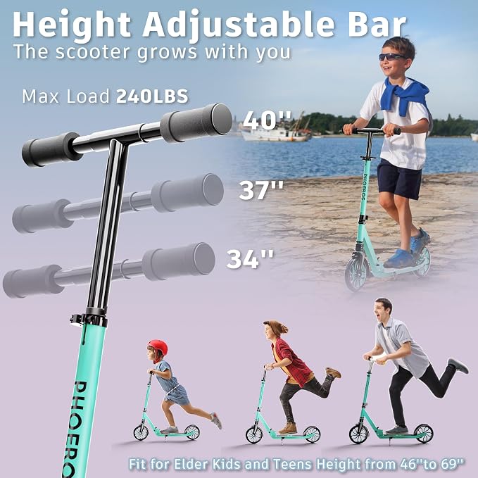 PHOEROS Kick Scooter for Kids Ages 6-12,Teens & Adults, Youth. Lightweight Aluminum Kick Scooter for Teens Adults Boys Girls with 8 inch Big Wheels, Foldable, 3 Height Adjustable, Shock Absorption.
