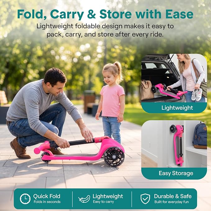 SereneLife Toddler Scooter, Adjustable Micro Scooter for Ages 2-5, Lightweight Kids 3 Wheel Design with LED Light-Up Wheels, Anti-Slip Deck & Lean-to-Steer Control, Indoor/Outdoor Use (Pink)