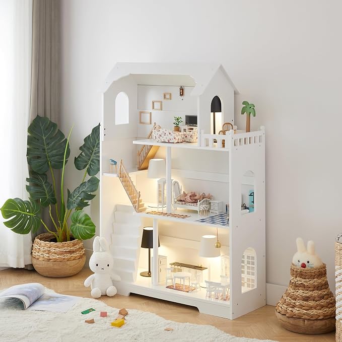 Wooden Dollhouse Bookshelf - Toddler Doll House Bookcase, Extra Space Kids Toy Storage Book Shelf, 3-Tier Children Dollhouse, Pretend Play Toy House (Modern Flat Roof)