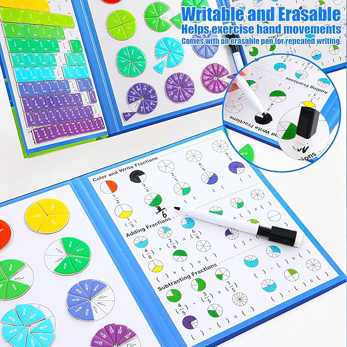 Magnetic Fraction Demonstration Book, 164PCS Magnetic Fraction Tiles, Fraction Manipulatives, Score Disk Demonstrator Math Puzzle Manipulatives for Elementary School, Learning Toys Set for Kids