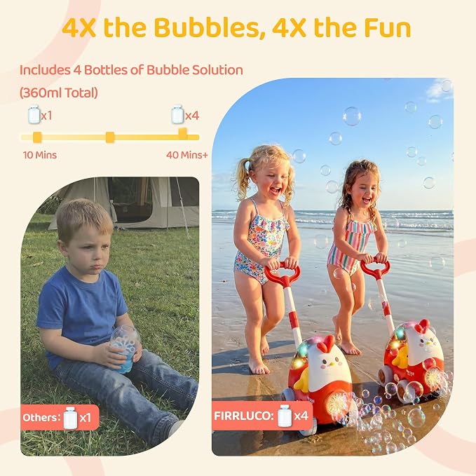 Bubble Machine for kids, USB Rechargeable Bubble Blower with Adjustable Handle, Leak-Proof Outdoor Push Bubble Machine for Toddlers 1-3, Bubble Toys for 1-5 Year Old Boy&Girl Parties Birthday