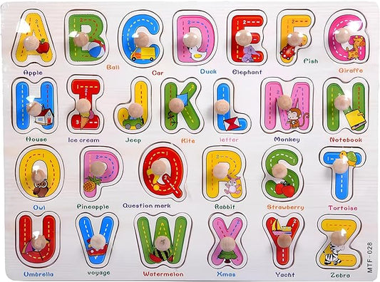 Alphabet Puzzle Wooden for Toddlers 3+ Year Old, ABC Shape Learning Toys with Board & Letter Blocks, 26 Pieces, Preschool Education for Girls and Boys, Large Montessori Style