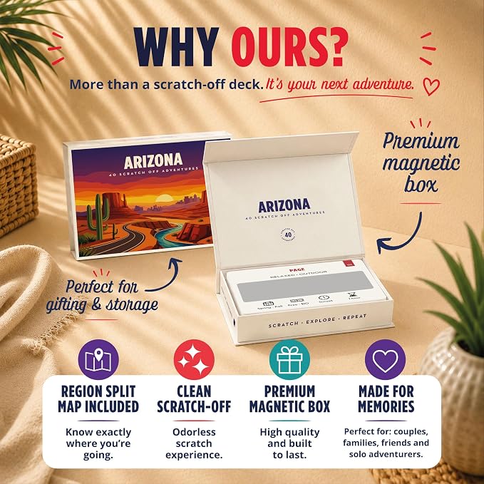 Arizona Bucket List Scratch Off Cards - 40 Adventure Cards with Region Split Map, Hidden Gems, Scenic Escapes & Local Favorites - Travel Gift for Couples, Families, Friends & Tourists