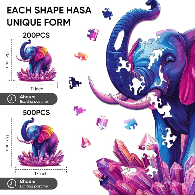 Ixfyloop Colorful Elephant Puzzles for Adults, Wooden Jigsaw Puzzles 200 Pieces, Unique Shape Animal Puzzles with Storage Box, for Family Brain Game 11x11.4 inch