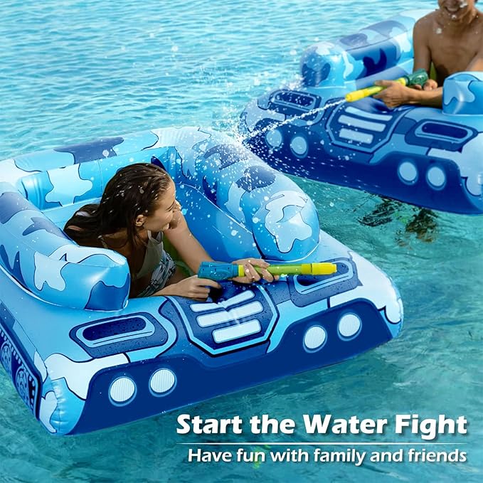 Tank Pool Floats Kids Adults - Jasonwell Inflatable Pool Floaties Swimming Pool Tank with Water Cannon Gun Swim Floaty Rafts Lake Beach Party Pool Toys for Boys Girls Toddlers Kids Adults (Blue, L)