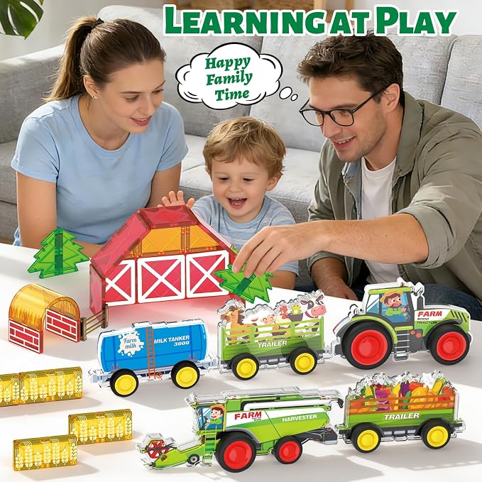 3D Magnet Farm Tractor Toy for Magnetic Tiles & Blocks, 5pcs STEM Educational Learning Toys Inc Combine Harvester Tractors Farm Animal Trailer, Farming magnet tiles toys for kids 3+ year old