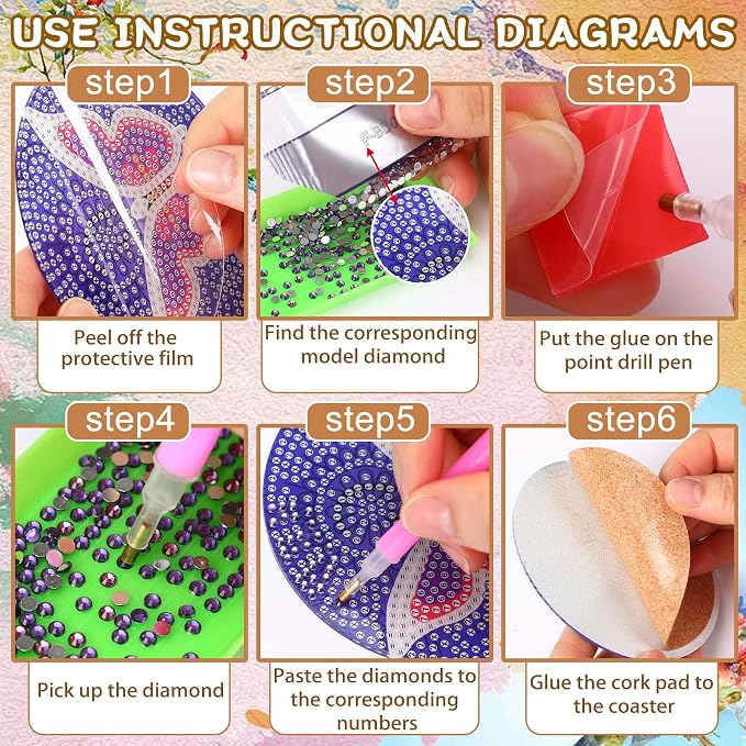 UPINS DIY Kit, Diamond Art Painting Coasters with Holder, 8 Pcs Hummingbird Butterfly Coaster Craft Supplies for Adults Kids Beginners
