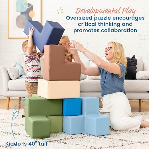 ECR4Kids SoftZone Brainy Building Blocks Puzzle Set, Beginner Playset, Earthtone, 7-Piece