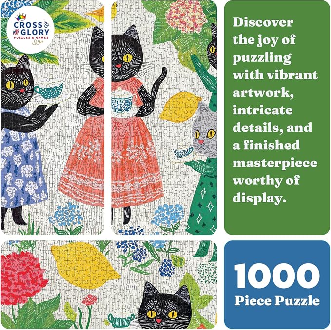 Cross & Glory | 1000 Piece Jigsaw Puzzles for Adults | The Whiskered Tea Society | Whimsical Cat Puzzles for Adults | Garden Tea Party Scene | Satin Finish Cat Puzzle | Ages 14+