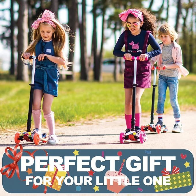 3-Wheel Kick Scooter for Kids Ages 3-8 Lean-to-Steer Toddler Scooter with Extra Wide Light Up Wheels, 4 Adjustable Heights, Foldable Scooters for Boys & Girls, Max Weight 110lbs
