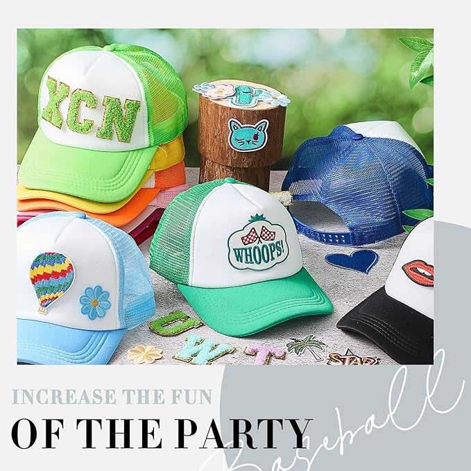 Hercicy 12 DIY Trucker Hats Kit, Sublimation Blank Baseball Caps with 120 pcs Embroidered Patches DIY Craft for Party(Cute, Multicolor)