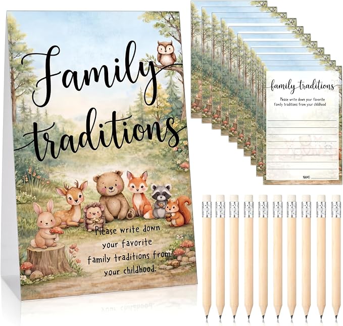 Fumete 61 Pieces Family Tradition Baby Shower Games Include 1 Family Traditions Standing Sign and 50 Activities Cards with 10 Pencils for Gender Reveal Bridal Shower Wedding(Green,Woodland)